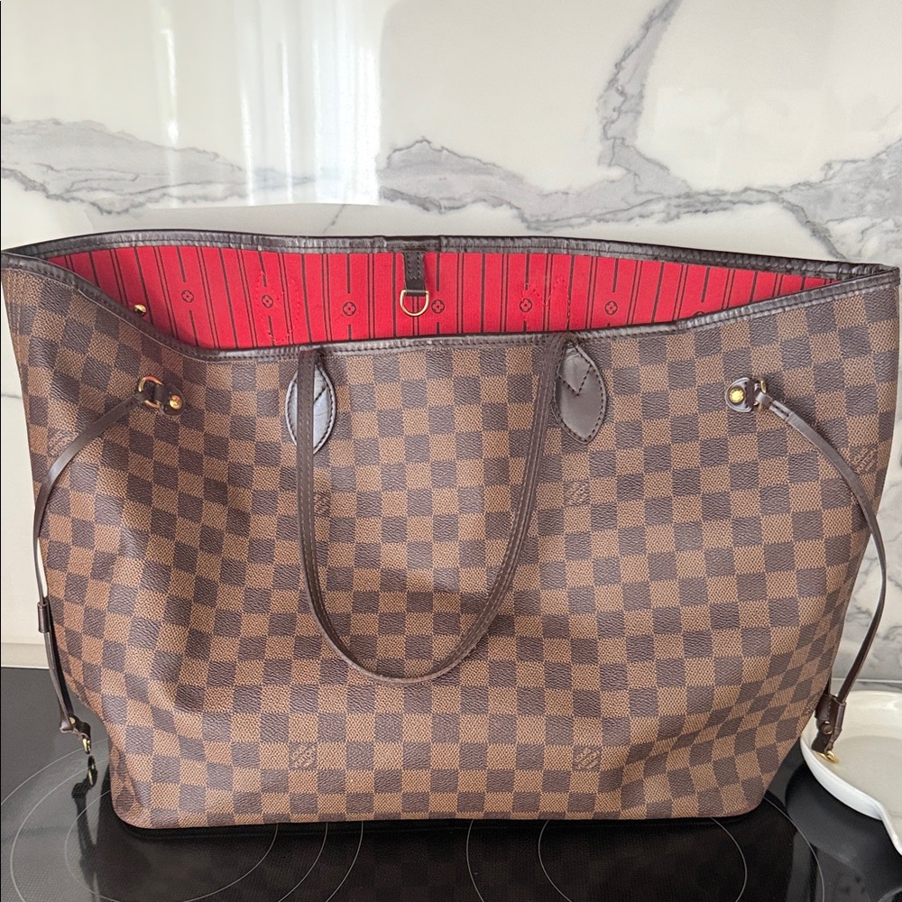 Louis Vuitton Brown Checkered Tote with Red Interior